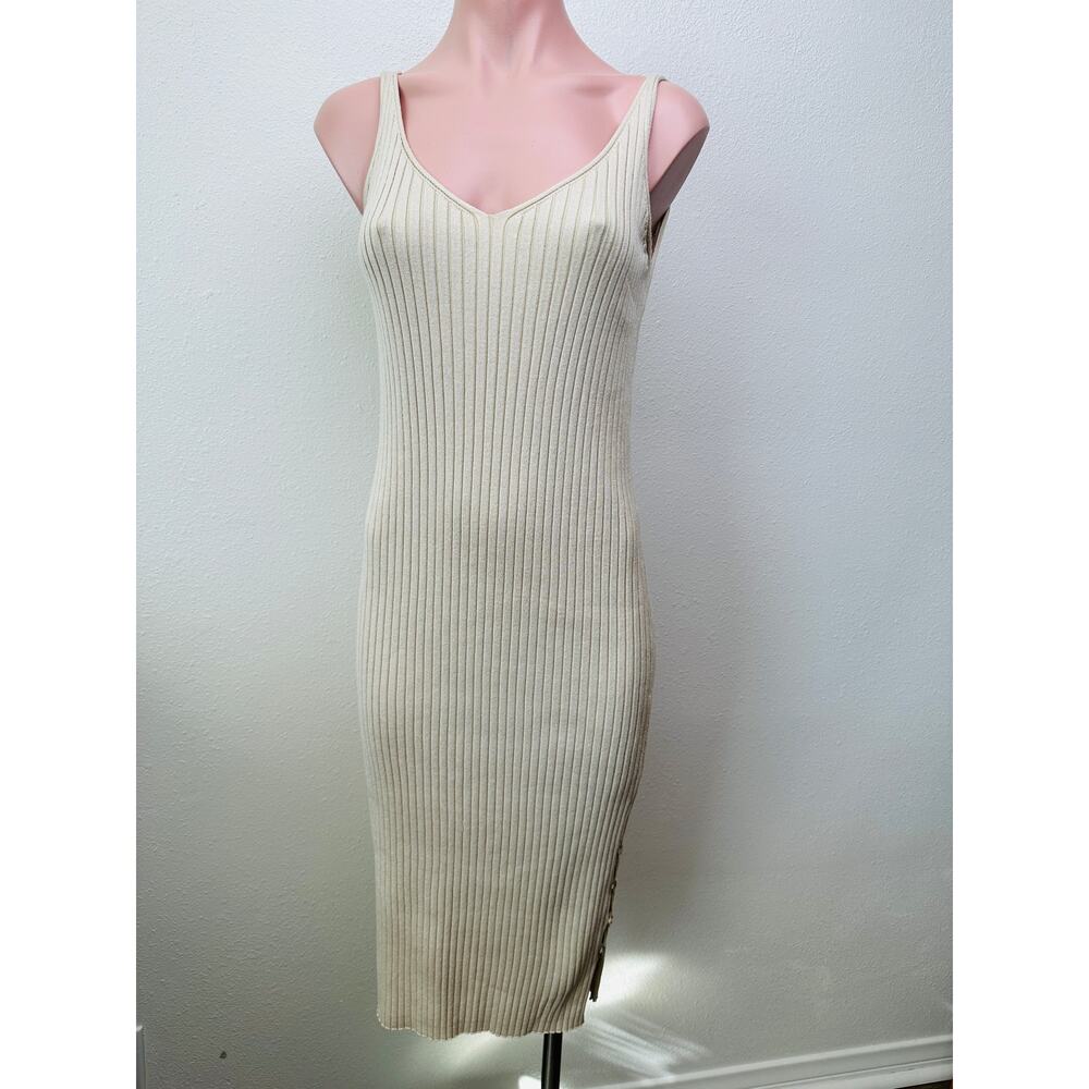 Aqua Tan Ribbed VNeck Sleeveless Side Button Midi Dress L